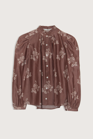 flat lay Annabel Doe Elder Flower Shirt brown '70s silhouette
Puff shoulders
Feminine ruffled collar
Cotton-silk blend shirt
Elderflower blossom motif
75% Cotton / 25% Silk
French Seams
Button Front