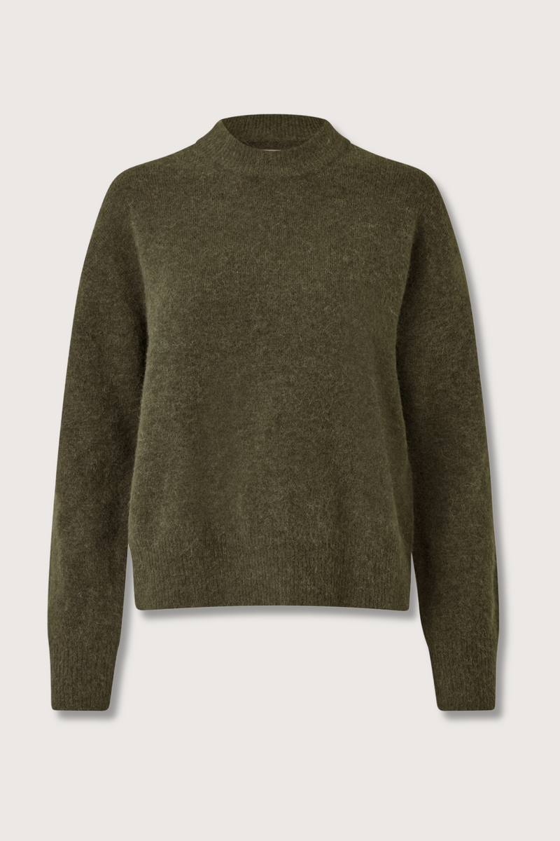 flat lay Anour O-N Sweater deep green regular fit crewneck dropped shoulders