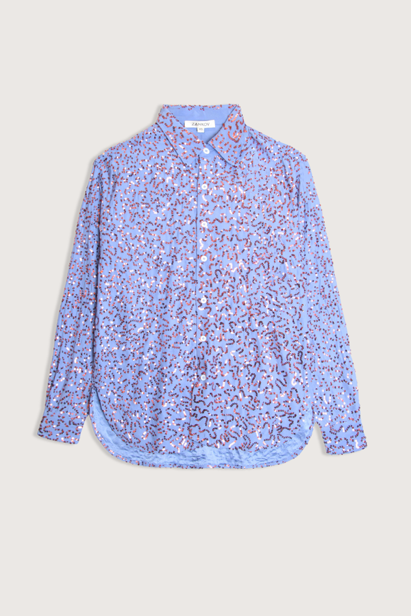 flat lay Antonio Squiggle Sequin Blouse aquamarine 100% Silk
Sequins throughout
Classic Collar
Relaxed fit