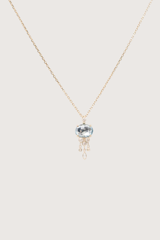 flat lay Aquamarine & Dangling Diamond Jellyfish Necklace Jellyfish Necklace
14-karat yellow gold chain
Aquamarine jellyfish pendant with dangling diamonds