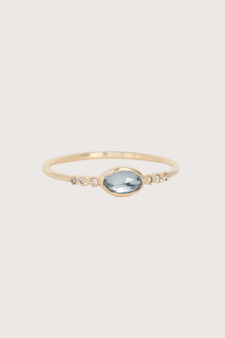 flat lay Aquamarine & Six Small Diamond Ring 14k light yellow gold
One central Aquamarine
Six diamonds
