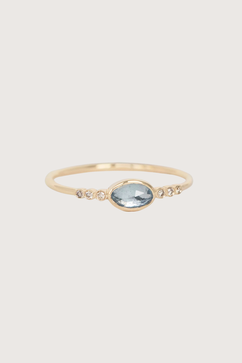 flat lay Aquamarine & Six Small Diamond Ring 14k light yellow gold
One central Aquamarine
Six diamonds