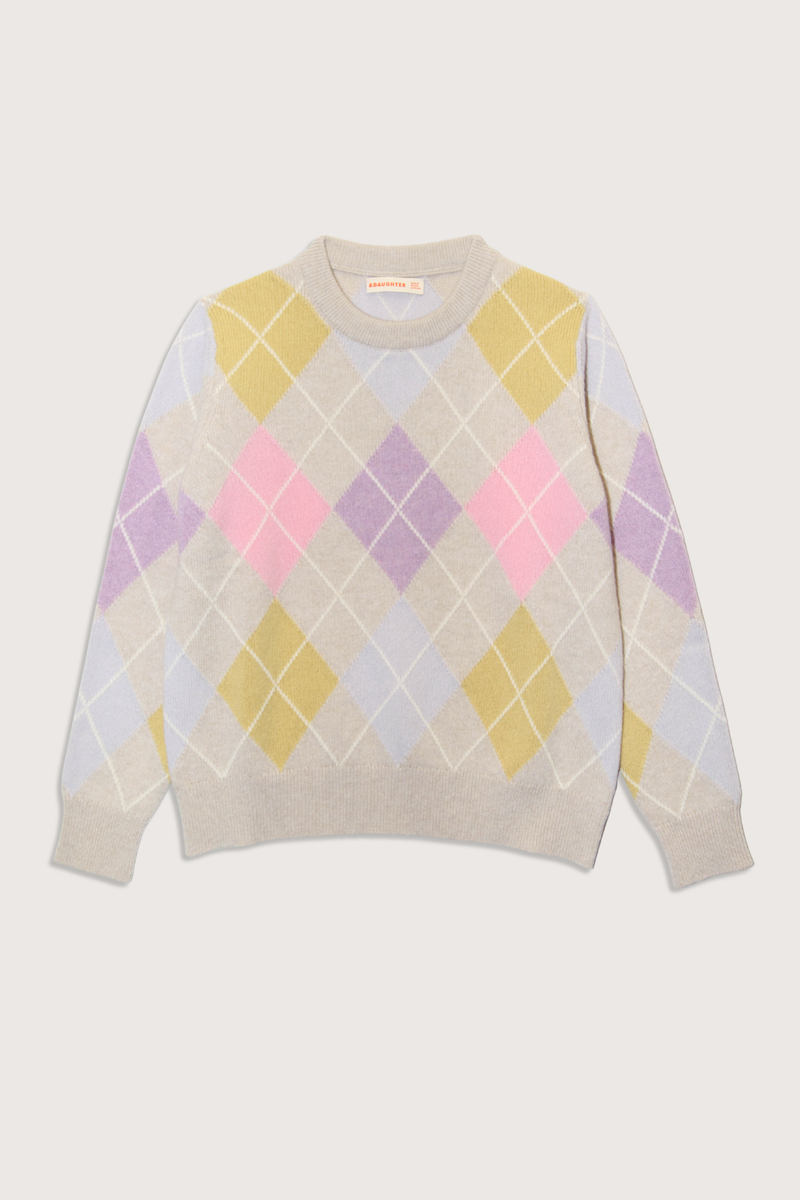 flat lay Argyle Crew Lambswool Oatmeal/Pink lambswool, long sleeve, sits below the hip, oversized fit