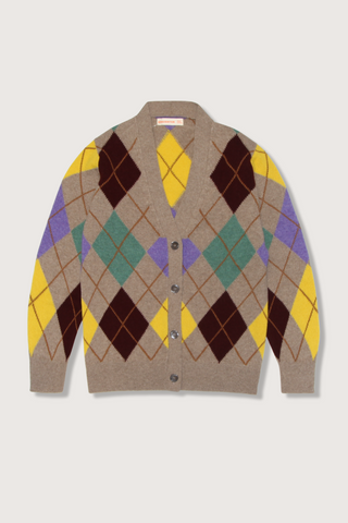 flat lay Argyle Grand Dad Cardigan Dark Natural/Yellow lambswool Designed for an oversized fit, with a subtle slouch v-neck