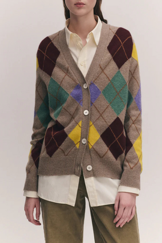front profile model wearing Argyle Grand Dad Cardigan Dark Natural/Yellow lambswool Designed for an oversized fit, with a subtle slouch v-neck