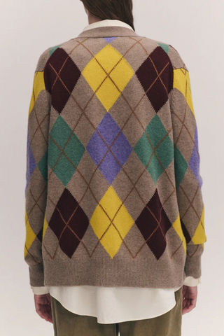 back profile model wearing Argyle Grand Dad Cardigan Dark Natural/Yellow lambswool Designed for an oversized fit, with a subtle slouch v-neck