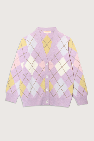 flat lay Argyle Grand Dad Cardigan Lilac/White lambswool, v-neck, sits below the hip, long sleeve, button front closure