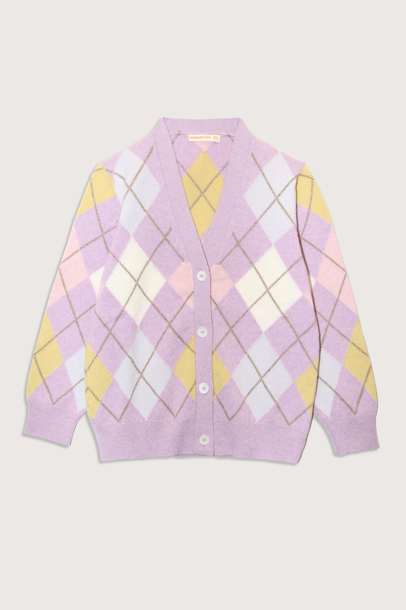 flat lay Argyle Grand Dad Cardigan Lilac/White lambswool, v-neck, sits below the hip, long sleeve, button front closure