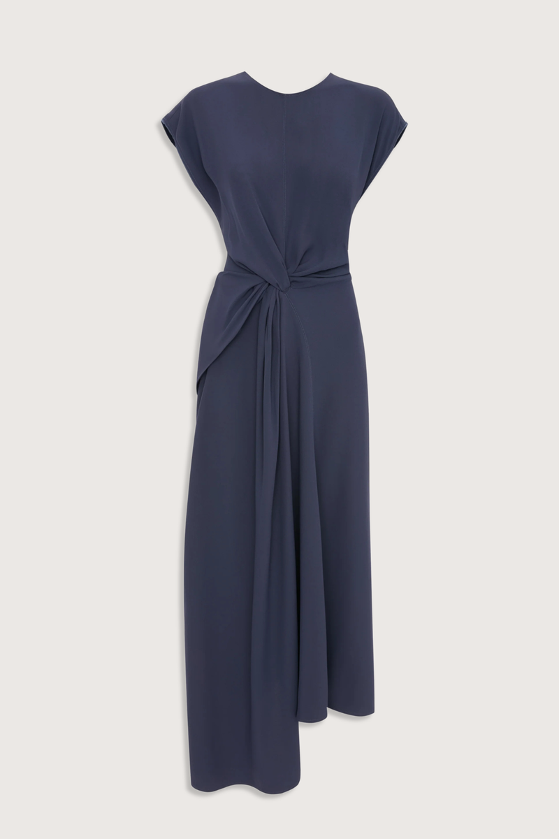 flat lay Aria Twist Waist Dress eclipse muted blue grey Ankle length with asymmetric hem
Drape fabrication
Round front neckline
V-shape back
Cap sleeve
Twist waist
Concealed zip with hook &amp; eye closure