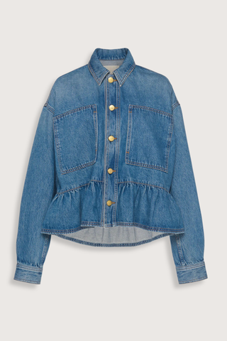 flat lay Arquette Denim Jacket Danube blue denim
Non-stretch denim
peplum hem design
Designed for a boxy fit
Oversized patch pockets
Signature monogram buttons through front