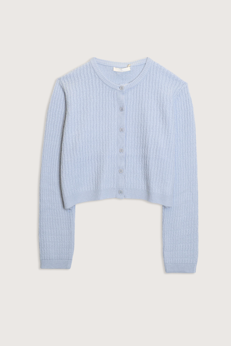 flat lay Ash B Cable Cardigan sky blue 100% cashmere Front button closure
Cable-knit
Crew neck
Relaxed fit