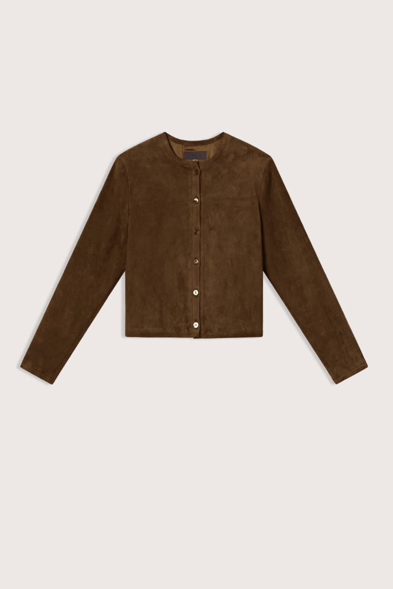 flat lay Astrid Suede Cardigan Jacket Bear Short cardigan
100% Stretch lamb leather suede | Lining: 95% Silk, 5% Elastane
Mother-of-pearl effect buttons
Crewneck
Classic fit
Machine washable