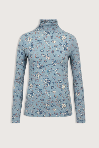 flat lay Aurelia Long Sleeve Turtle Neck Celeste blue with floral prints Turtleneck
Lightweight tricot jersey
bold, swirling ikat motifs based on a vintage print
&nbsp;Long-sleeve
Close slim fit
91% Rayon, 9% Elastane