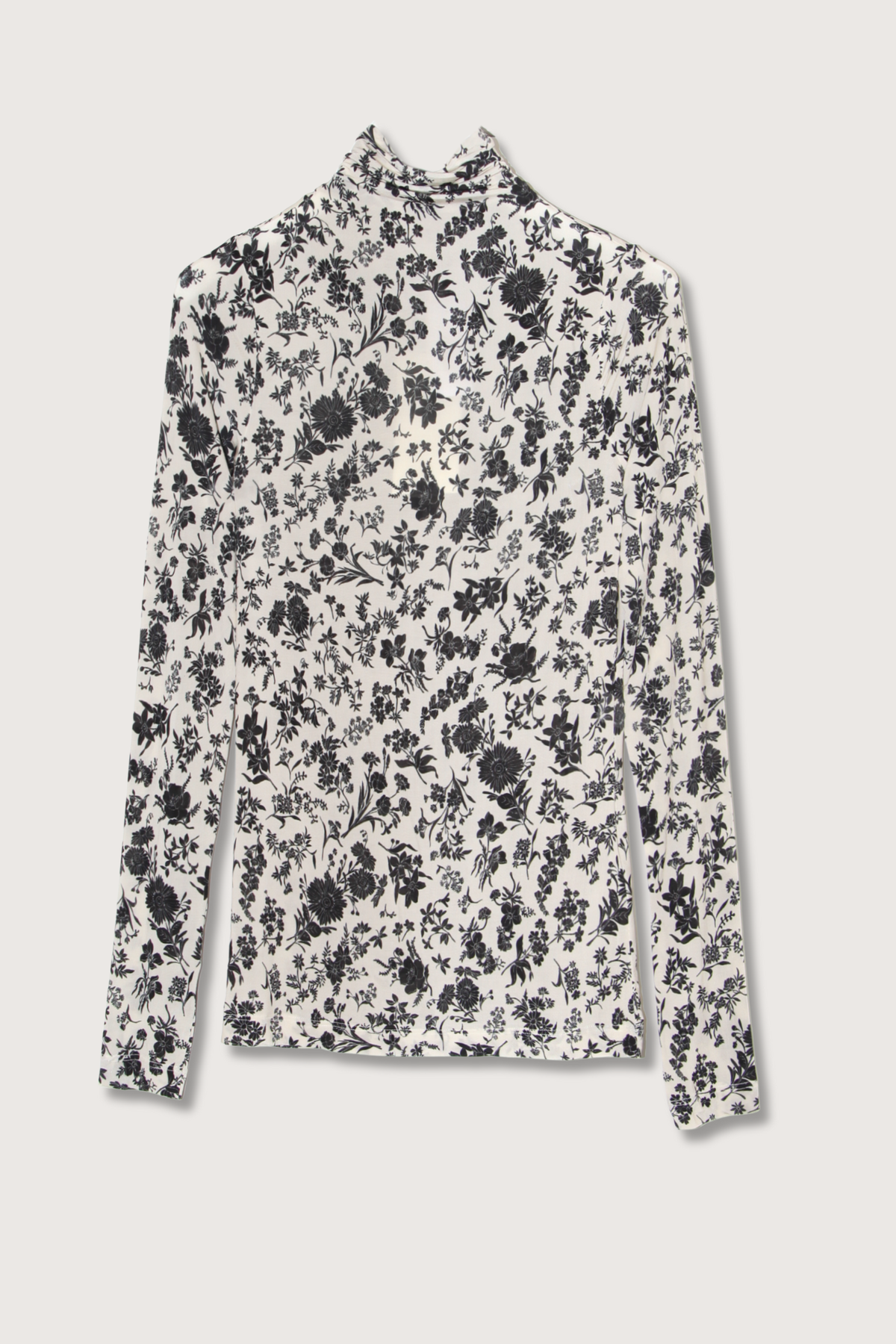 flat lay Aurelia Long Sleeve Turtle Neck White Garden print stretchy fabric slim fit