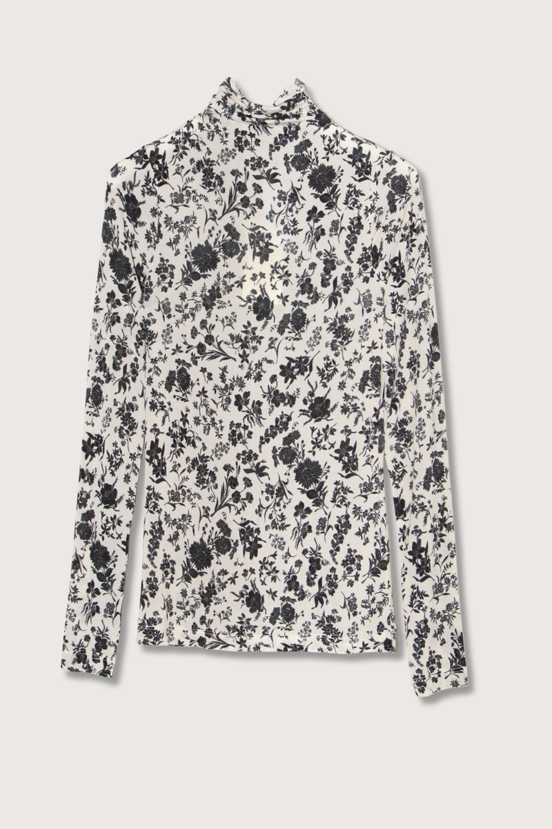 flat lay Aurelia Long Sleeve Turtle Neck White Garden print stretchy fabric slim fit