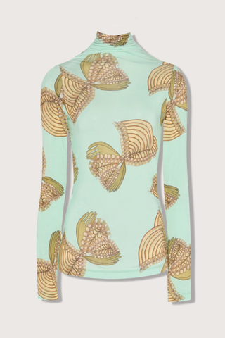 flat lay Aurelia Turtleneck Top Mystical botanical print work of Art Brut painter Anna Zemánková
Tricot lightweight jersey
 close fit
Turtleneck
Long sleeves
Pullover style