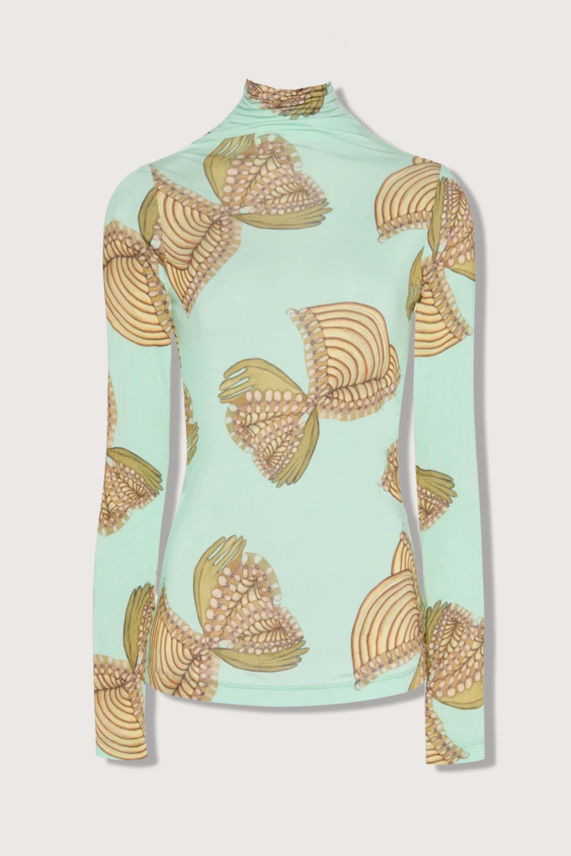 flat lay Aurelia Turtleneck Top Mystical botanical print work of Art Brut painter Anna Zemánková
Tricot lightweight jersey
 close fit
Turtleneck
Long sleeves
Pullover style