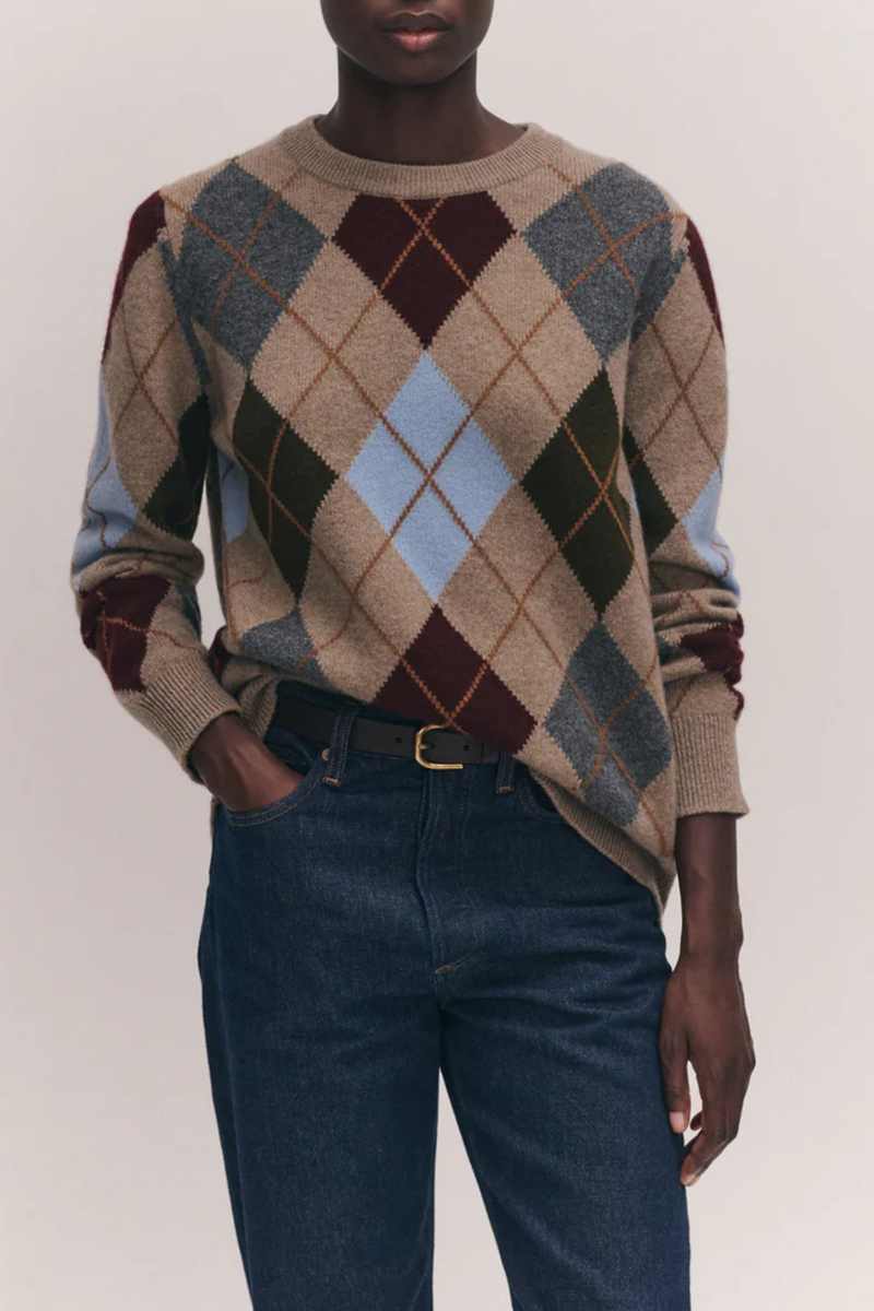 front profile model wearing Ava Argyle Slouch Natural/Burgundy  lambswool oversized fit, with a subtle slouch