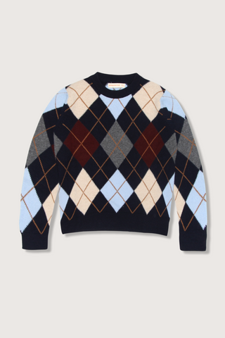 flat lay Ava Argyle Slouch Sweater Navy/Pale Blue lambswool crewneck oversized fit, with a subtle slouch