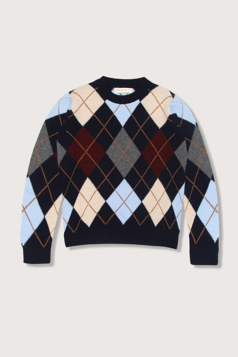flat lay Ava Argyle Slouch Sweater Navy/Pale Blue lambswool crewneck oversized fit, with a subtle slouch