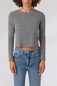 front profile model wearing babe Long sleeve Tee Heather Grey by amo cotton crewneck