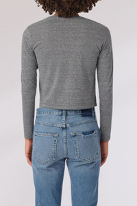 back profile model wearing babe Long sleeve Tee Heather Grey by amo cotton crewneck