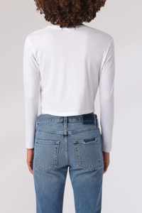 back profile model wearing Babe Long sleeve Tee White by amo cotton crewneck
