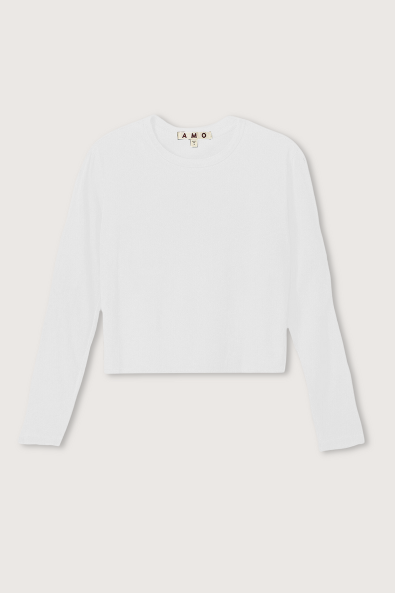 flat lay Babe Long sleeve Tee White by amo cotton crewneck