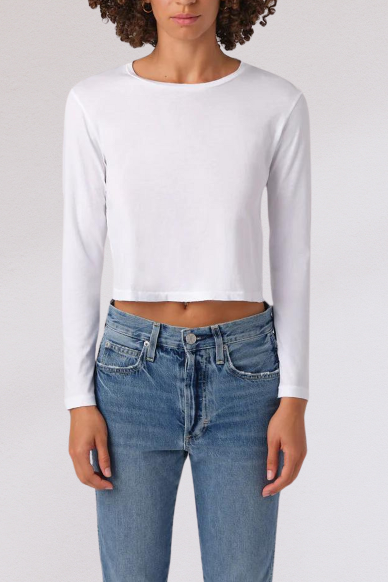 front profile model wearing Babe Long sleeve Tee White by amo cotton crewneck