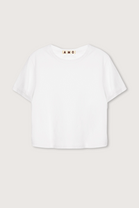 flat lay Babe short sleeve White cotton tee by amo crewneck