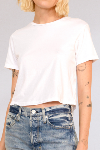 front profile model wearing Babe short sleeve cotton White by amo