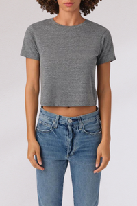 front profile model wearing Babe short sleeve Heather Grey tee cotton by amo