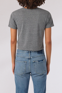 back profile model wearing Babe short sleeve Heather Grey tee cotton by amo
