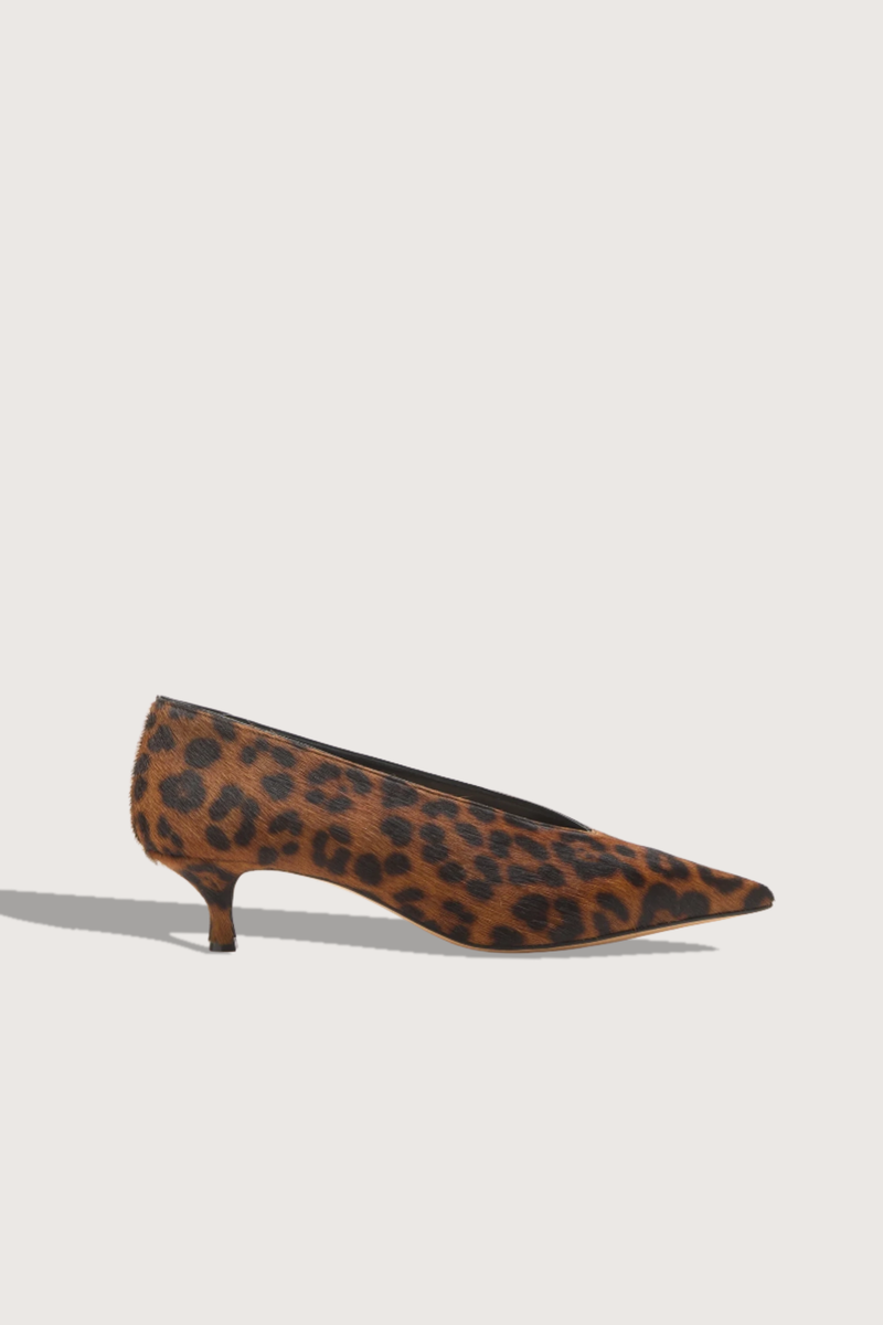 side profile Babouche Kitten Heel Leopard calf hair Pointy toe deep v cut