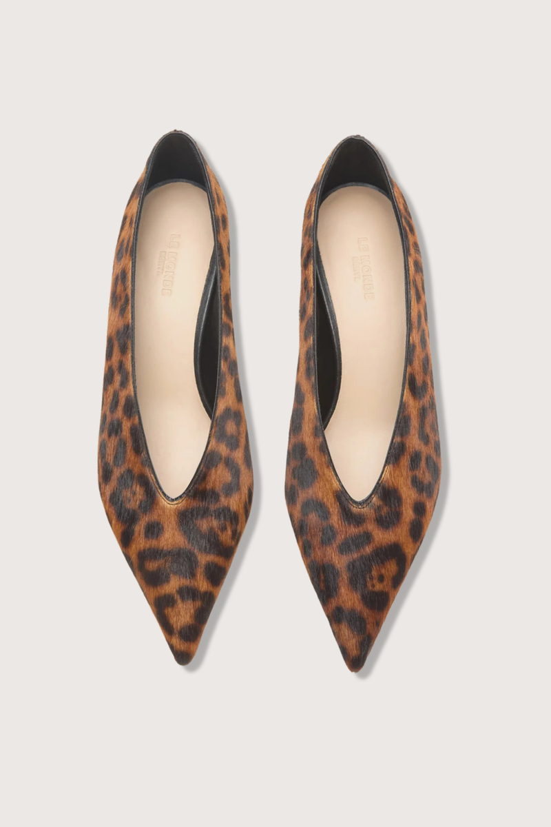 top profile  Babouche Kitten Heel Leopard calf hair Pointy toe deep v cut