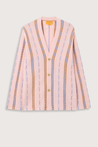 flat lay Baja Oversized Cardigan pink combo 
Three-button closure
Shawl collar stand
JACQUARD THREE-COLOR STRIPED
HORIZONTAL KNIT

SELF-FINISH AT HEMS
Signature GIR branding at center back neck