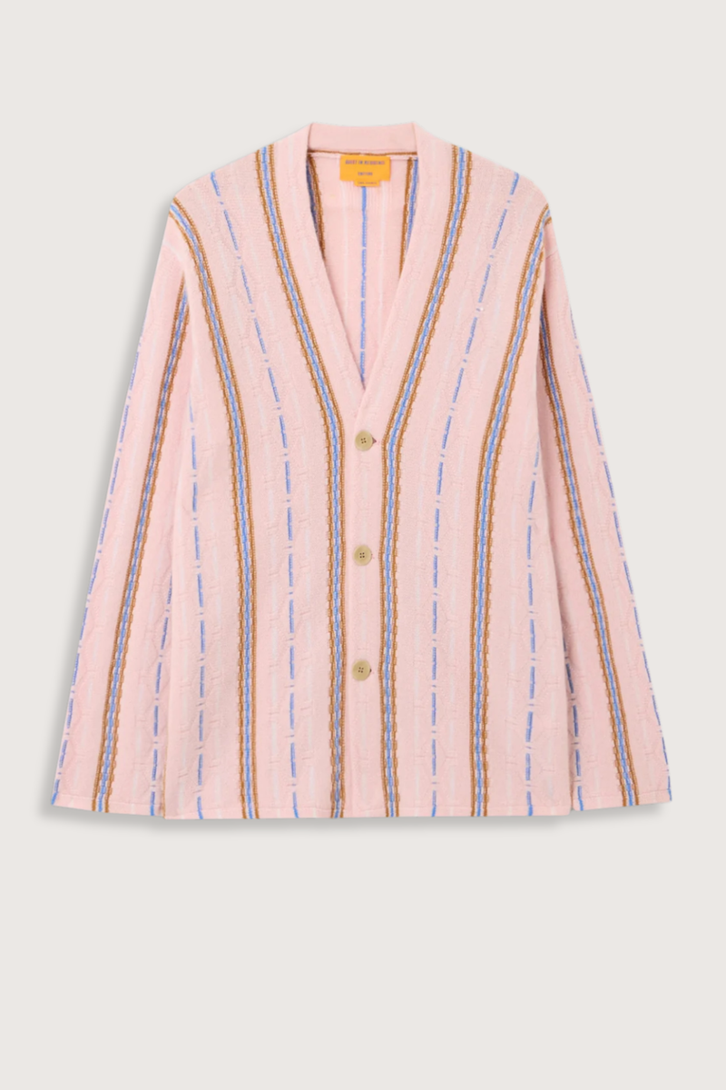 flat lay Baja Oversized Cardigan pink combo 
Three-button closure
Shawl collar stand
JACQUARD THREE-COLOR STRIPED
HORIZONTAL KNIT

SELF-FINISH AT HEMS
Signature GIR branding at center back neck