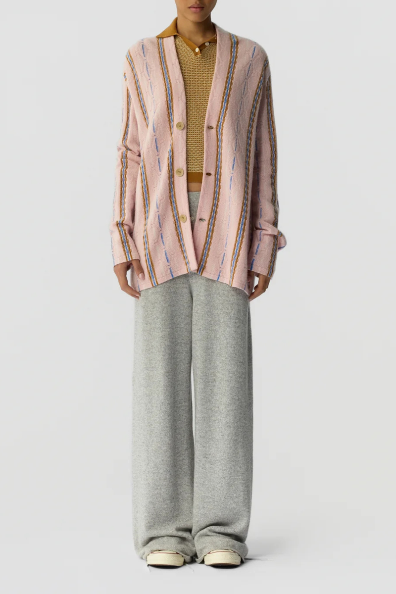 front profile model wearing Baja Oversized Cardigan pink combo 
Three-button closure
Shawl collar stand
JACQUARD THREE-COLOR STRIPED
HORIZONTAL KNIT

SELF-FINISH AT HEMS
Signature GIR branding at center back neck