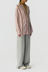 side profile model wearing Baja Oversized Cardigan pink combo 
Three-button closure
Shawl collar stand
JACQUARD THREE-COLOR STRIPED
HORIZONTAL KNIT

SELF-FINISH AT HEMS
Signature GIR branding at center back neck
