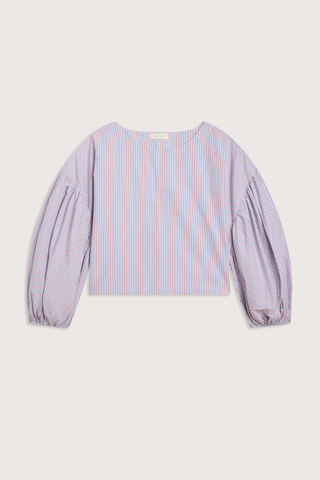 flat lay Balon Stripe Long Sleeve Top chambray poppy vertical stripe Oversized puffy sleeves
Elasticated cuff
Crewneck
Boxy cropped fit
Drop shoulder