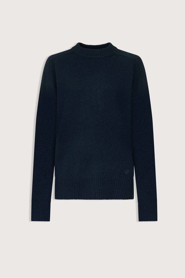 flat lay Baltra Crew Cashmere Sweater Navy Ample fit
Drop shoulders
Ribbed neckline and hem
Composition : 100% CASHMERE