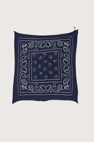 flat lay open  Bandana Cashmere Scarf Navy  100% cashmere
Bandana print
Hand-knit construction
27" Width x 24" Length