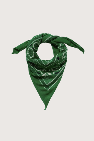 flat lay Bandana Cashmere Scarf New Green 100% cashmere
Bandana print
Hand-knit construction
27" Width x 24" Length