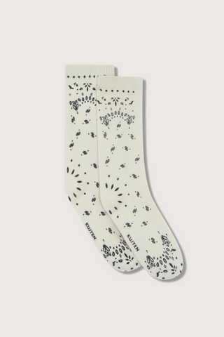 flat lay Bandana Cashmere Socks Avoine white cashmere straight cut 2-threads printed jersey knitting