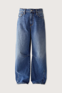 flat lay Barrel fit Patriot Denim blue  with turquoise button closure
