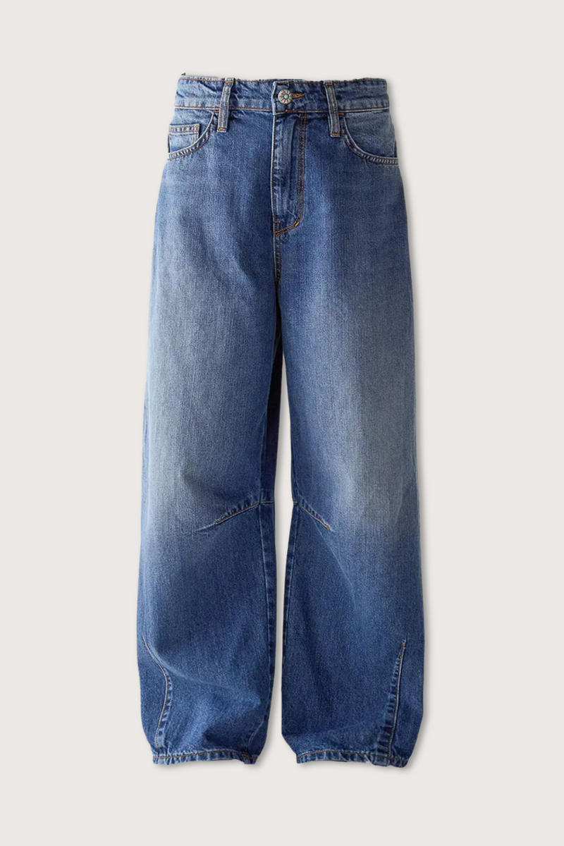 flat lay Barrel fit Patriot Denim blue  with turquoise button closure