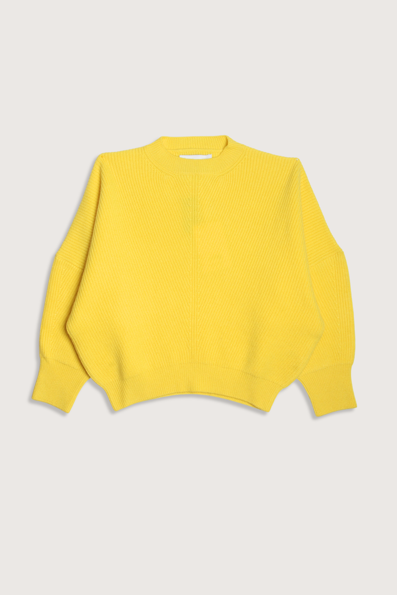 flat lay Batwing Sweater Vivid Yellow Sculptural Batwing sleeve
Pure cashmere
Relaxed, cropped silhouette
Round neckline
Subtle ribbed trims at the cuffs and hem