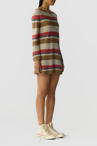 side profile model wearing Bayside Mini Dress cream multi stripe LIGHT-WEIGHT TEXTURED STRIPE DRESS
RELAXED FIT
BOAT NECK MINI DRESS WITH FLARED SLEEVES
54% LINEN, 46% SILK