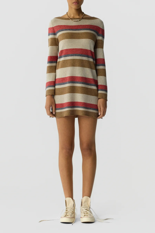 front profile model wearing Bayside Mini Dress cream multi stripe LIGHT-WEIGHT TEXTURED STRIPE DRESS
RELAXED FIT
BOAT NECK MINI DRESS WITH FLARED SLEEVES
54% LINEN, 46% SILK