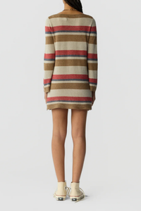 back profile model wearing Bayside Mini Dress cream multi stripe LIGHT-WEIGHT TEXTURED STRIPE DRESS
RELAXED FIT
BOAT NECK MINI DRESS WITH FLARED SLEEVES
54% LINEN, 46% SILK